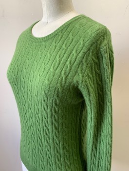AQUA, Lime Green, Cashmere, Solid, Cabled Knit, Long Sleeves, Crew Neck