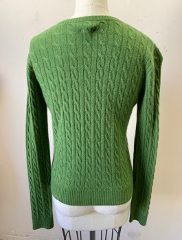 AQUA, Lime Green, Cashmere, Solid, Cabled Knit, Long Sleeves, Crew Neck