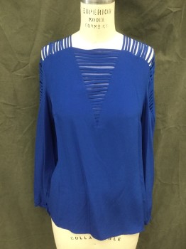 BAILEY/44, Royal Blue, Silk, Solid, Square Collar, Multiple Spaghetti Strap Shoulder, V Front Panel Sheer with Spaghetti Strap Overlay, Long Sleeves, V Panel Spaghetti Strap Shoulders, Button Cuff, Jersey Knit Back