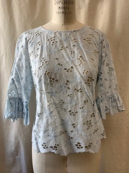 Womens, Blouse, REBECCA TAYLOR, Sky Blue, Cotton, Floral, 6, Cut Out Self Floral Lace Pattern, 3/4 Sleeves, Bell Cuffs, Button Back