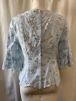 Womens, Blouse, REBECCA TAYLOR, Sky Blue, Cotton, Floral, 6, Cut Out Self Floral Lace Pattern, 3/4 Sleeves, Bell Cuffs, Button Back