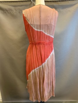 Womens, Dress, Piece 1, RAQUEL ALLEGRA, Coral Orange, Dusty Rose Pink, White, Rayon, Abstract , B<38, L, Sheer Gauze, Sleeveless, Resist Dye Waves of Color, V-neck, Buttons at Center Front, Drawstring Waist, Midi Length, with Matching Slip Underneath (CF062992)