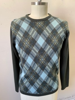 KENNETH COLE, Dk Olive Grn, Lt Blue, Navy Blue, Beige, Acrylic, Wool, Plaid, Solid, Knit, Crew Neck, Long Sleeves, Front is Plaid Patterned, Sleeves and Back are Solid Olive