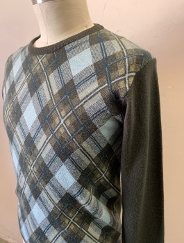 KENNETH COLE, Dk Olive Grn, Lt Blue, Navy Blue, Beige, Acrylic, Wool, Plaid, Solid, Knit, Crew Neck, Long Sleeves, Front is Plaid Patterned, Sleeves and Back are Solid Olive
