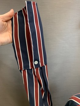 Womens, Blouse, FRAME, Navy Blue, Red Burgundy, White, Silk, Stripes - Vertical , B 34, XS, L/S, Button Front, Long Cuffs with 1 Button,
