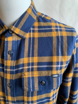 VANS, Navy Blue, Ochre Brown-Yellow, Cotton, Plaid, Flannel, Button Front, Collar Attached, Long Sleeves, Button Cuff, 2 Flap Pockets