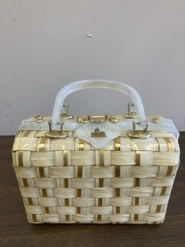 STYLECRAFT, Cream, Gold, Pearl White, Plastic, Metallic/Metal, Basket Weave, Boxy Basket, Resin Handles And Clasp, Vinyl Interior, Covered Hinges On Bottom