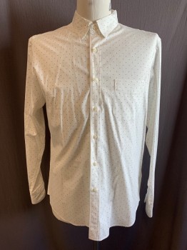 Mens, Casual Shirt, J. CREW, White, Navy Blue, Cotton, Elastane, Dots, L, Collar Attached, Long Sleeves, Button Front, 1 Pocket