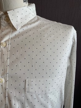 Mens, Casual Shirt, J. CREW, White, Navy Blue, Cotton, Elastane, Dots, L, Collar Attached, Long Sleeves, Button Front, 1 Pocket