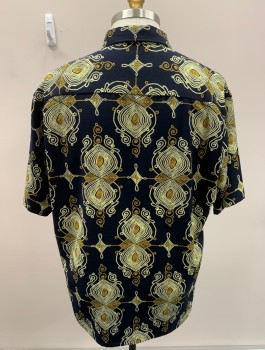 Mens, Casual Shirt, NL, Navy Blue, Off White, Goldenrod Yellow, Polyester, Geometric, Swirl , XL, S/S, B.F., Plastic Shell Buttons