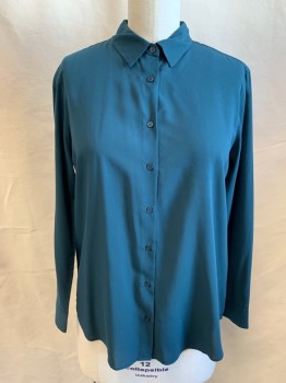 Womens, Blouse, UNIQLO, Dk Green, Synthetic, Solid, B: 42, M, Button Front, CA, L/S, Button Cuff