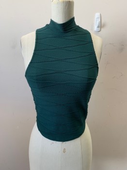 Womens, Top, WINDSOR, Forest Green, Polyester, Spandex, Solid, Textured Fabric, S, Mock Neck, Slvls, Keyhole Back, 2 Buttons, Self Stripes