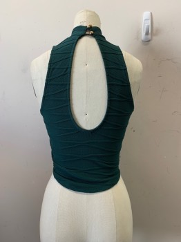 Womens, Top, WINDSOR, Forest Green, Polyester, Spandex, Solid, Textured Fabric, S, Mock Neck, Slvls, Keyhole Back, 2 Buttons, Self Stripes