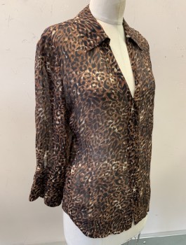 Womens, Blouse, PAIGE, Brown, Black, Beige, Polyester, Animal Print, S, Leopard Spots, Chiffon, 3/4 Sleeves, Button Front With Fabric Buttons & Loops, Collar Attached, V-Neck