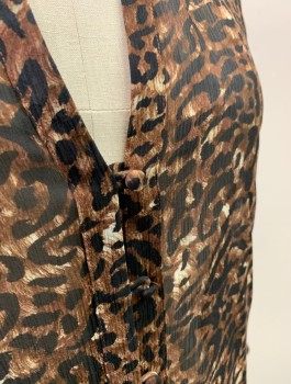 Womens, Blouse, PAIGE, Brown, Black, Beige, Polyester, Animal Print, S, Leopard Spots, Chiffon, 3/4 Sleeves, Button Front With Fabric Buttons & Loops, Collar Attached, V-Neck