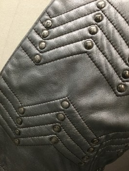 Mens, Coat, MTO, Silver, Leather, Metallic/Metal, Solid, Chevron, C42, V-neck, Hook & Eyes Front Closure, Almost Floor Length, Long Sleeves, with Elastic Finger Stirrups, Shoulder Pads, Stitched and Pleated Epaulets, Horizontal  Zigzag Quilting and Metal Studs, Polyester Satin Lining, Soldiers, Guards, Ottoman, Multiple
