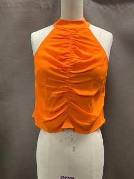 Womens, Top, STAUD, Orange, Polyester, Solid, 2, Round Neck, 2 Buttons At Neck, Slvls, Ruched Front, Side Zipper, Keyhole Back,