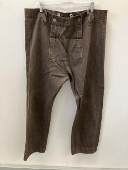MTO, Brown, Cotton, Solid, 1800S, Fall Front, Worn But Clean, Interior Suspender Buttons, Belt Loops,