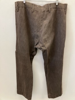 MTO, Brown, Cotton, Solid, 1800S, Fall Front, Worn But Clean, Interior Suspender Buttons, Belt Loops,