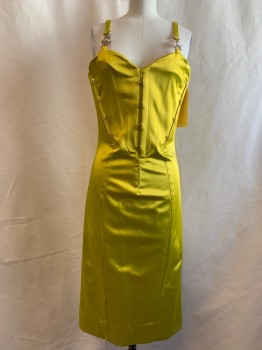 Womens, Cocktail Dress, MTO, Chartreuse Green, Synthetic, Elastane, Solid, B: 34, 4, H: 34, Sweetheart Neckline, Sleeveless, Gold Hardware Detail on Shoulder Straps, Corset-like Top,