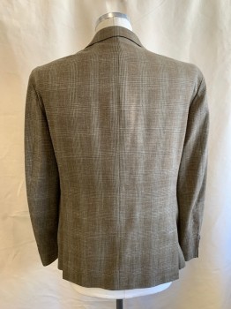 Mens, Sportcoat/Blazer, MICHAEL KORS, Brown, Ecru, Lt Olive Grn, Off White, Wool, Polyester, Plaid, 42R, Single Breasted, 2 Buttons, 3 Pockets, Notched Lapel, Double Vent