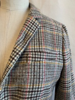 Womens, Blazer, J. CREW, Lt Beige, Red, Sage Green, Yellow, Brown, Wool, Plaid, Houndstooth, 4, Single Breasted, 2 Buttons, Notched Lapel, 3 Pockets, 4 Button Cuffs, 1 Back Vent