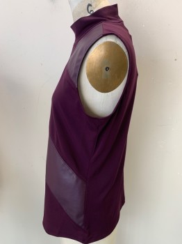 Womens, Top, CALVIN KLEIN, Aubergine Purple, Polyester, Spandex, Novelty Pattern, M, Sleeveless, Mock Turtle Neck, 1/4 Zipper Center Back, Patchwork of Faux Suede, Leather, & Knit,