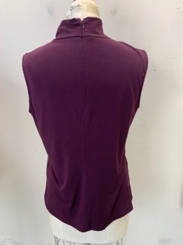 Womens, Top, CALVIN KLEIN, Aubergine Purple, Polyester, Spandex, Novelty Pattern, M, Sleeveless, Mock Turtle Neck, 1/4 Zipper Center Back, Patchwork of Faux Suede, Leather, & Knit,