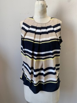TOMMY HILFIGER, Navy Blue, Beige, Multi-color, Polyester, Spandex, Stripes, Round Neck, Slvls, Keyhole Back, 1 Button, Pleated, White And Yellow Stripes
