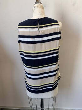 TOMMY HILFIGER, Navy Blue, Beige, Multi-color, Polyester, Spandex, Stripes, Round Neck, Slvls, Keyhole Back, 1 Button, Pleated, White And Yellow Stripes