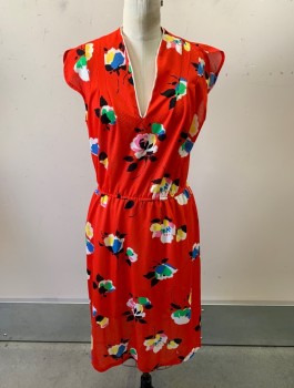 JULIE MILLER, Red, White, Blue, Yellow, Green, Polyester, Abstract , Floral, V-N, Cap Sleeves, Gathered at Waist, White Trim on Neckline, Hem Below Knee