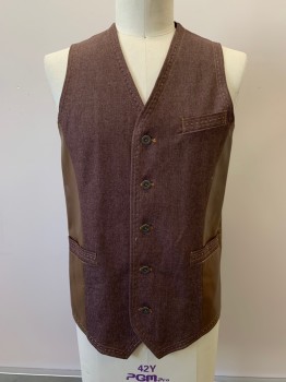 Mens, Suit, Vest, IL CANTO, Brown, Off White, Goldenrod Yellow, Cotton, Leather, Heathered, 40L, 5 Buttons, Single Breasted, V Neck, 3 Pockets,