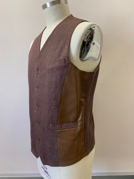 Mens, Suit, Vest, IL CANTO, Brown, Off White, Goldenrod Yellow, Cotton, Leather, Heathered, 40L, 5 Buttons, Single Breasted, V Neck, 3 Pockets,