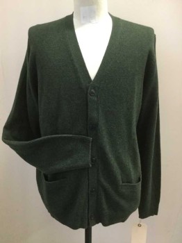 Mens, Cardigan Sweater, UNIQLO, Moss Green, Wool, Heathered, L, V-neck, 5 Buttons, 2 Pockets,