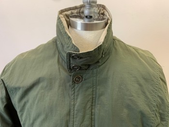 PERRY ELLIS, Olive Green, Nylon, Polyester, Solid, Hidden Zip Front Placket, 2 Button Stand Collar, 2 Snap Flap Pockets, Removeable Navy Liner With The Barcode In Sleeve...