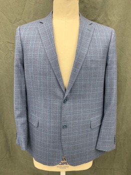 Mens, Sportcoat/Blazer, ROSSETTI, Lt Blue, Navy Blue, Wool, Silk, Plaid, Grid , 46R, Single Breasted, Collar Attached, Notched Lapel, Hand Picked Collar/Lapel, 2 Buttons,  3 Pockets