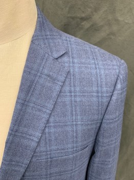Mens, Sportcoat/Blazer, ROSSETTI, Lt Blue, Navy Blue, Wool, Silk, Plaid, Grid , 46R, Single Breasted, Collar Attached, Notched Lapel, Hand Picked Collar/Lapel, 2 Buttons,  3 Pockets