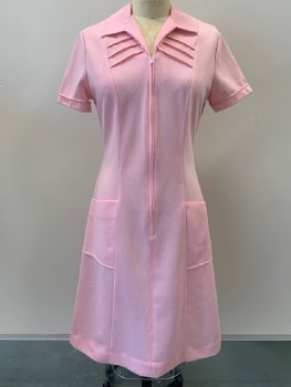Womens, Waitress/Maid, CREST CAREERS, Lt Pink, Polyester, Solid, W32, B36, H41, S/S, Zip Front, Collar Attached, Top Pockets,