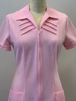 CREST CAREERS, Lt Pink, Polyester, Solid, S/S, Zip Front, Collar Attached, Top Pockets,