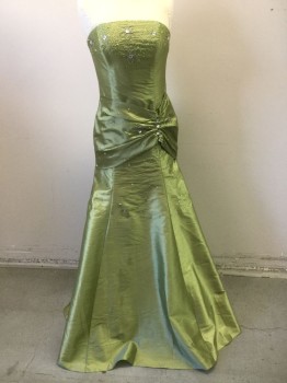 Womens, Evening Gown, LA SERA, Avocado Green, Polyester, Beaded, Solid, W:27, B:36, Light Avocado Green Taffeta, with Small Green and Silver Clear Beads Scattered Throughout, Larger Clear Circular Gemstones at Bust and at Hip, Ruching at Side Hip, Strapless, Zipper at Center Back, Floor Length Hem