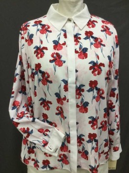PRABAL GURUNG, White, Red, Dk Red, Slate Blue, Dk Gray, Polyester, Floral, White W/red, Dark Red, Slate  Blue, Dark Gray Floral Print, Solid White Collar Attached, Center Front, & Cuffs,  Hidden Button Front, Long Sleeves, See Photo Attached,