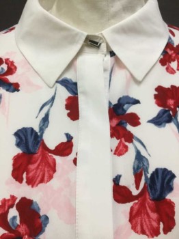 PRABAL GURUNG, White, Red, Dk Red, Slate Blue, Dk Gray, Polyester, Floral, White W/red, Dark Red, Slate  Blue, Dark Gray Floral Print, Solid White Collar Attached, Center Front, & Cuffs,  Hidden Button Front, Long Sleeves, See Photo Attached,