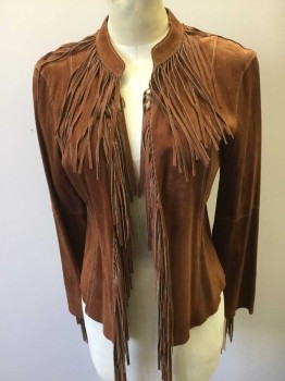 Womens, Leather Jacket, BEBE, Chestnut Brown, Suede, Solid, Small, No Closures, Fringe Around Collar/Down Center Front/Sleeves, Top Stitching