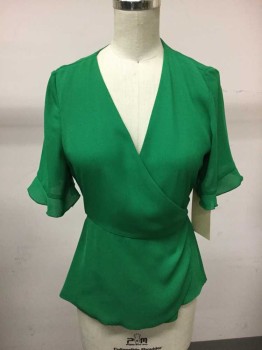 ZARA, Emerald Green, Polyester, Solid, Short Sleeve,  Wrap W/ Belt, Ruffle Slv