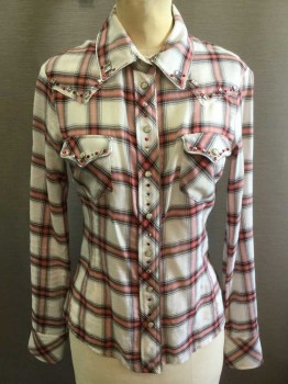 Womens, Blouse, MAJE, White, Red, Black, Rayon, Rhinestones, Plaid, XS, White with Red and Black Plaid, Western/Cowgirl Style Shirt, Long Sleeve, Snap Front, Collar Attached, Pearl and Silver Snaps, Red and Clear Gemstones Throughout, Silver Metallic Piping on Collar and Button Placket, 2 Pockets