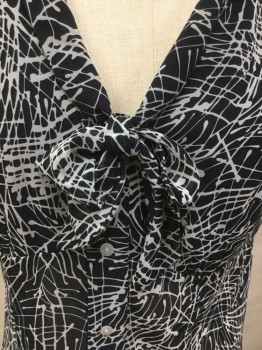 Womens, Blouse, ANNE KLEIN, Black, Silver, Polyester, Abstract , 10, Sheer Black W/silver Abstract Print, Collar Attached, W/attached self Bow Tie, Button Front, Cap Sleeves,