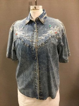 BETTY BLEU, Blue, Silver, Red, Green, Cotton, Lurex, Novelty Pattern, Acid Washed Denim Shirt with Silver Embroidery at Yoke with Red, Green & Yellow Plastic Rhinestone Studs. Silver Studs at Yoke Trim & Collar Tips. Short Sleeve, , Silver Buttons Center Front,