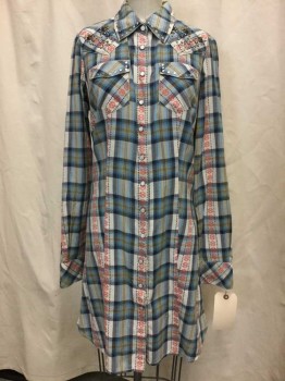 Womens, Dress, Long & 3/4 Sleeve, GUESS JEANS, Lt Gray, Navy Blue, Aqua Blue, Beige, Orange, Cotton, Plaid, M, Lt Gray/ Navy/ Aqua/ Beige Plaid, Orange Novelty Print Stripes, Snap Front, Collar Attached, Long Sleeves, Silver Studded,