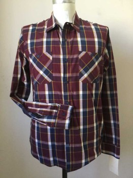 LEVI'S, Navy Blue, Red Burgundy, White, Mustard Yellow, Cotton, Polyester, Plaid, Button Front, Long Sleeves, Collar Attached, 2 Pockets, Triple,