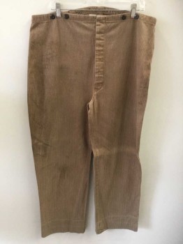 Mens, Historical Fiction Pants, N/L, Lt Brown, Cotton, Stripes - Vertical , Ins26+, W:38, Self Stripe Twill, Button Fly, Black Suspender Buttons on Outside Waist, No Pockets, Made To Order Reproduction  **Discolored at Center Back Where Taken in and Let Out, Has Some Stains Throughout, Old West